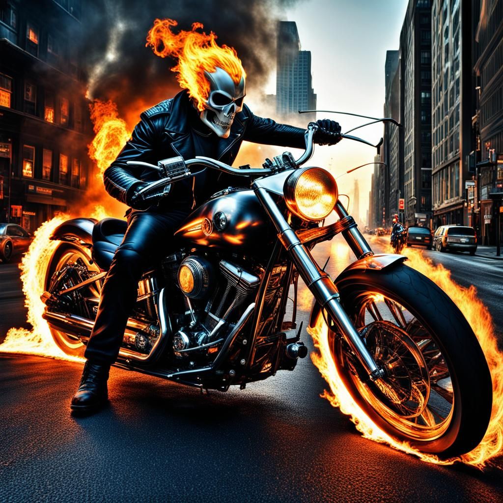 Ghost Rider, city streets on fire