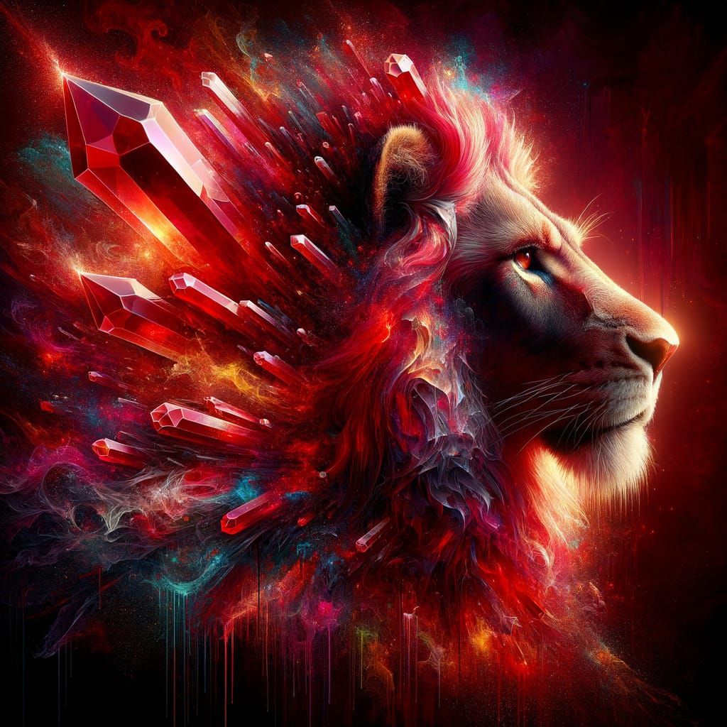 Majestic Ruby Lion in Vibrant Fantasy Landscape