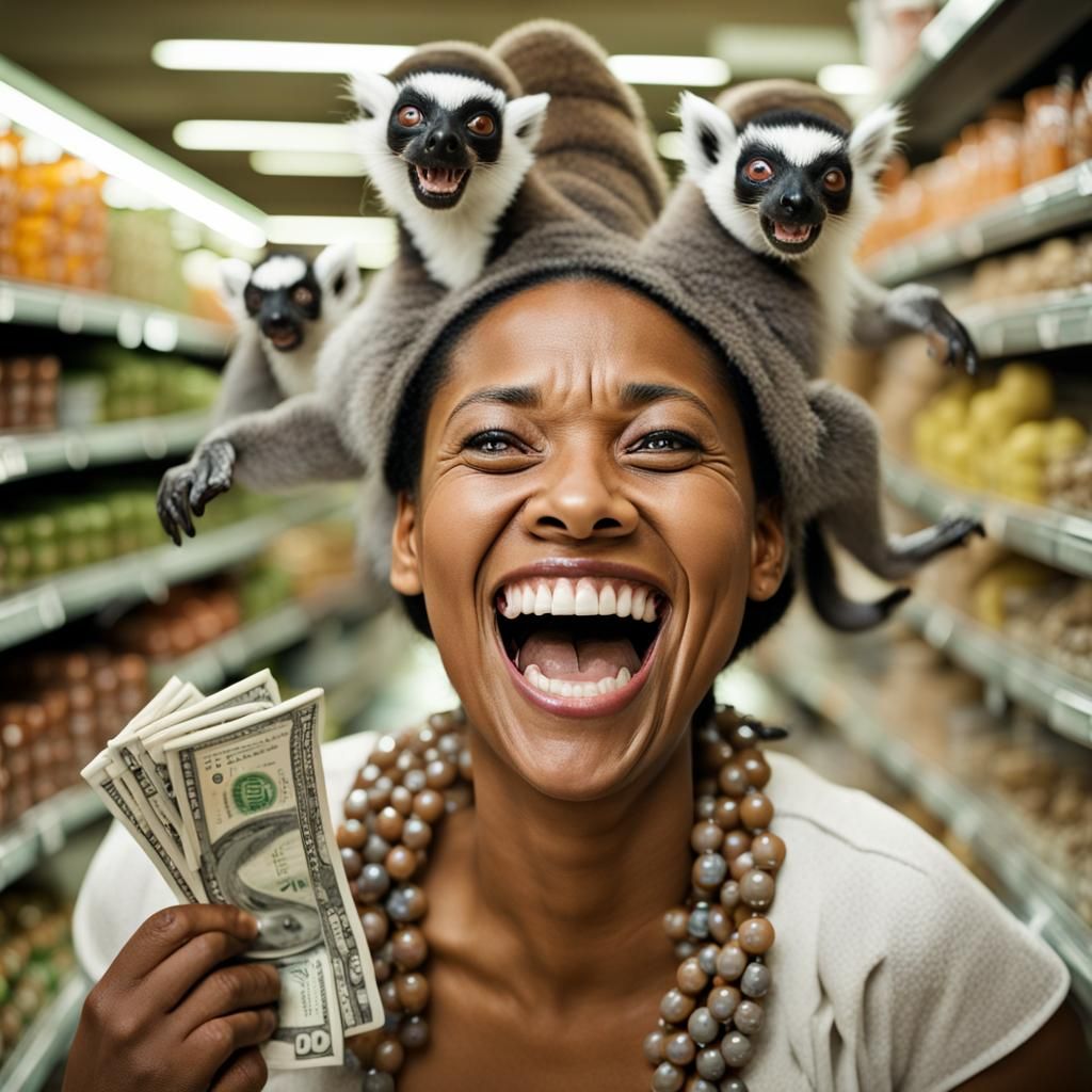 Lemur Woman Laughing Maniacally with Money