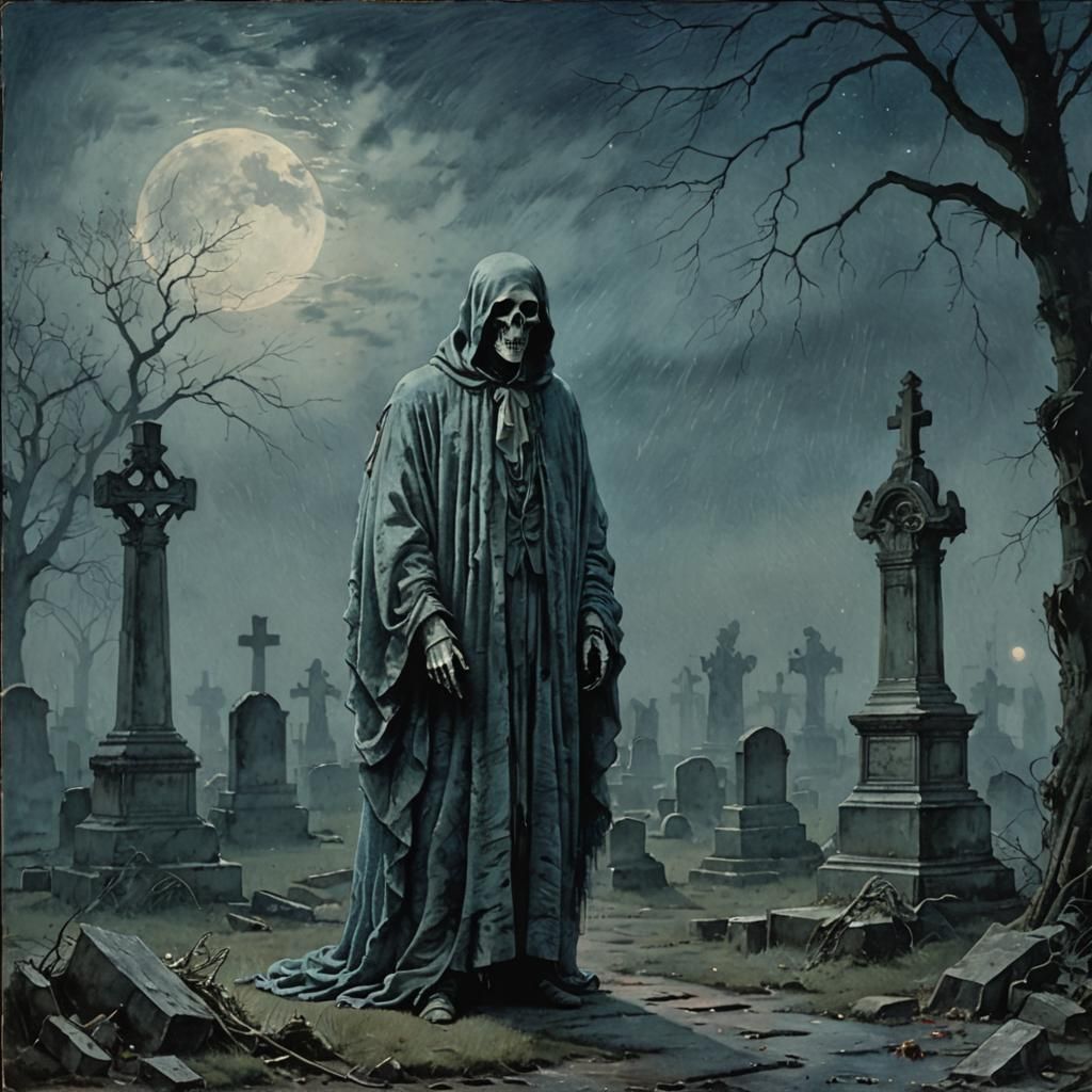 Ghost in Graveyard Watercolor Painting