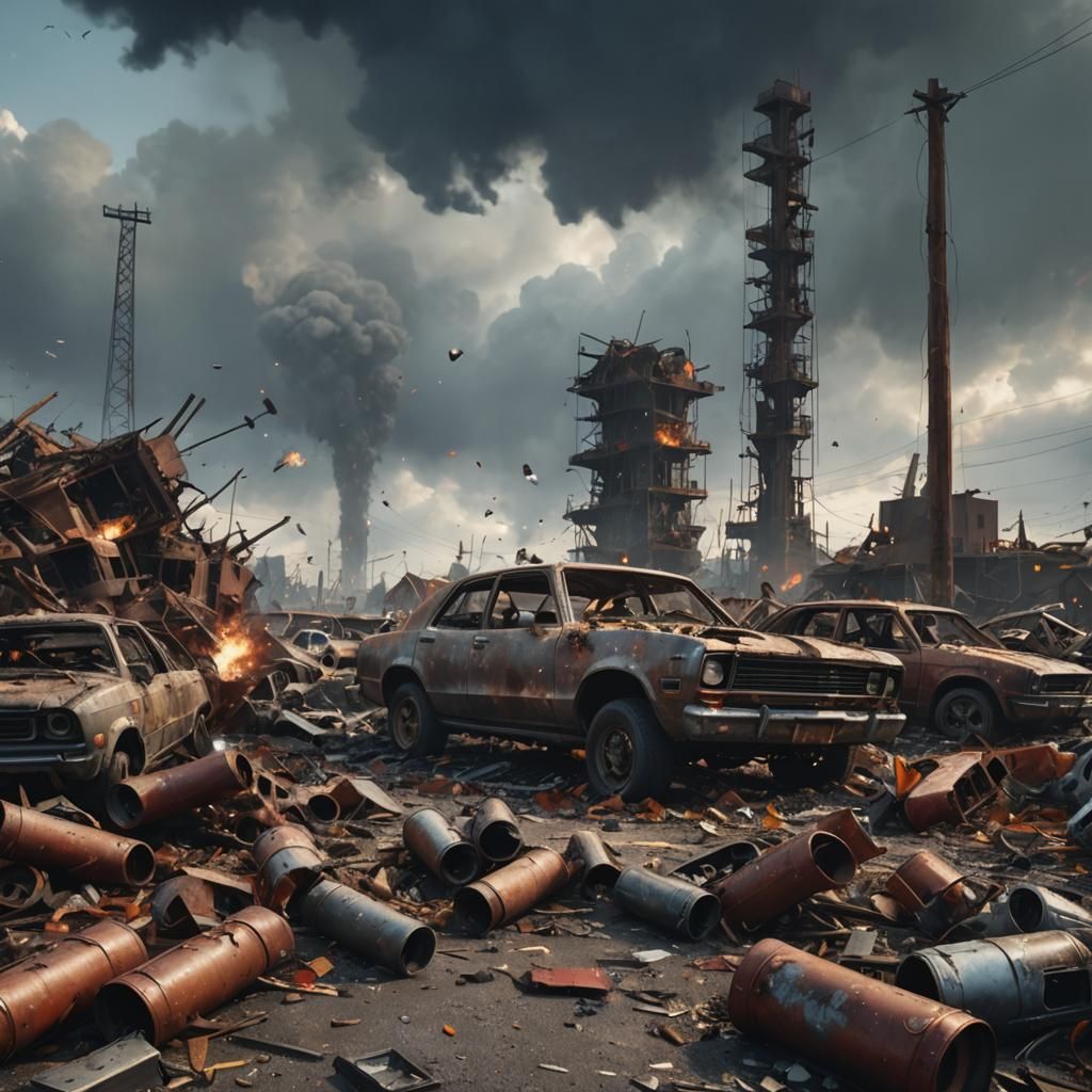 Junkyard Explosion in Vivid Digital Art Style