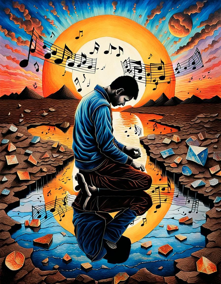 Surreal Bio Art Drawing of Wounded World at Sunset