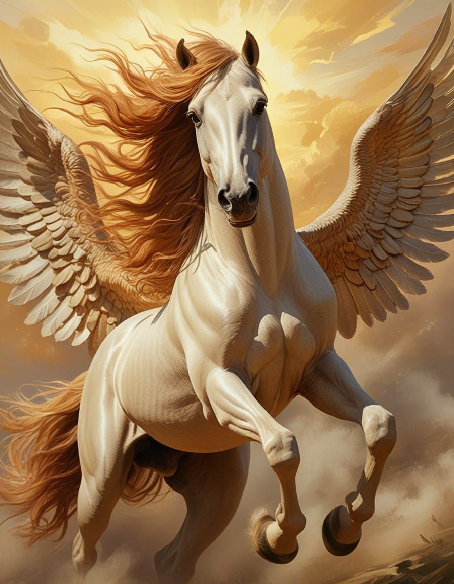 Majestic Winged Horse in Romanticism Oil Painting Style