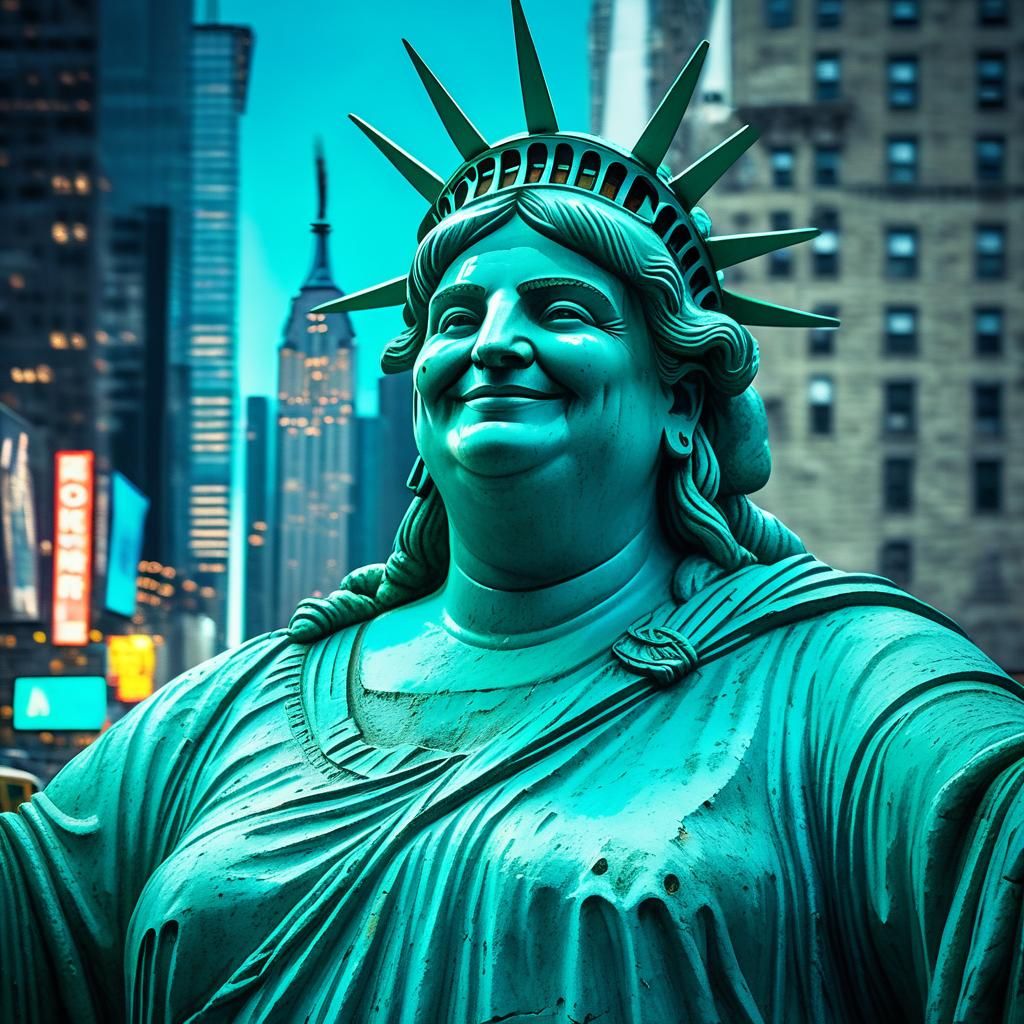 Plus-Size Statue of Liberty Over New York: Cinematic