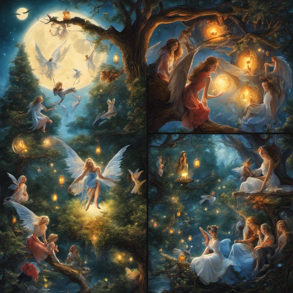 Bioluminescent Angels and Fairies in a Fantasy Scene