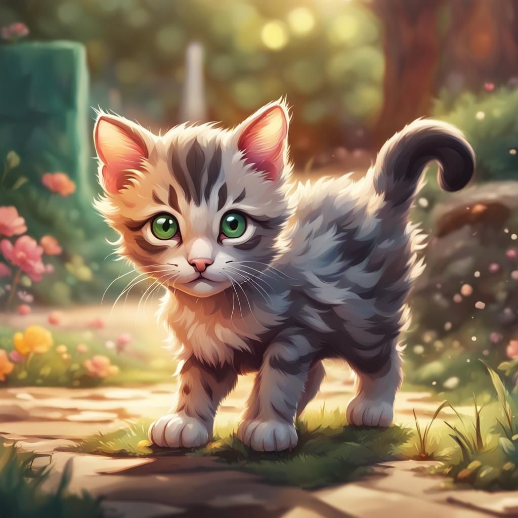 Hyperrealistic Chibi Kitten in Colorful Yard