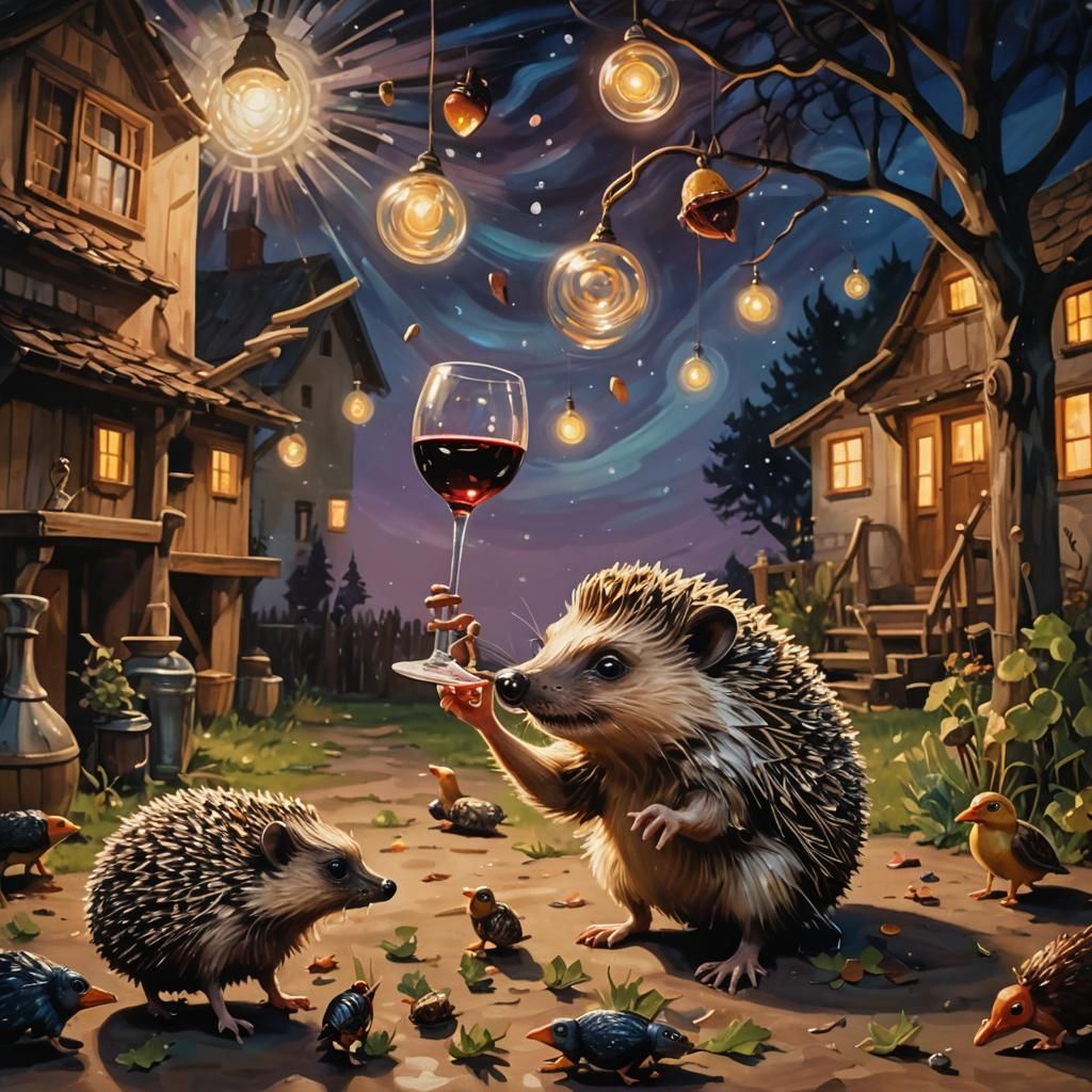 Surreal Hedgehog Dance in Expressionist Enameled Glass Style