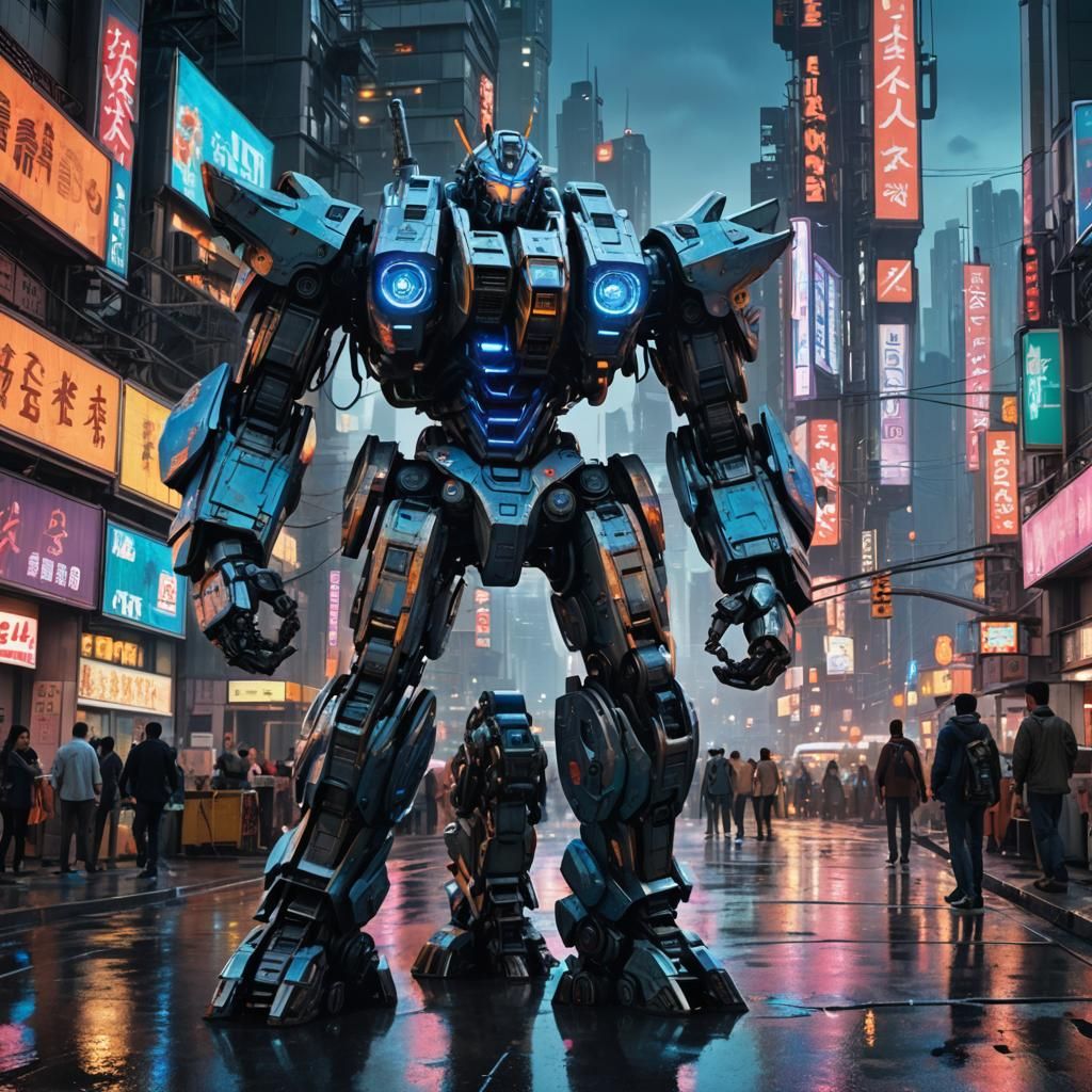 Towering Mecha in Gritty Cyberpunk Cityscape at Dusk