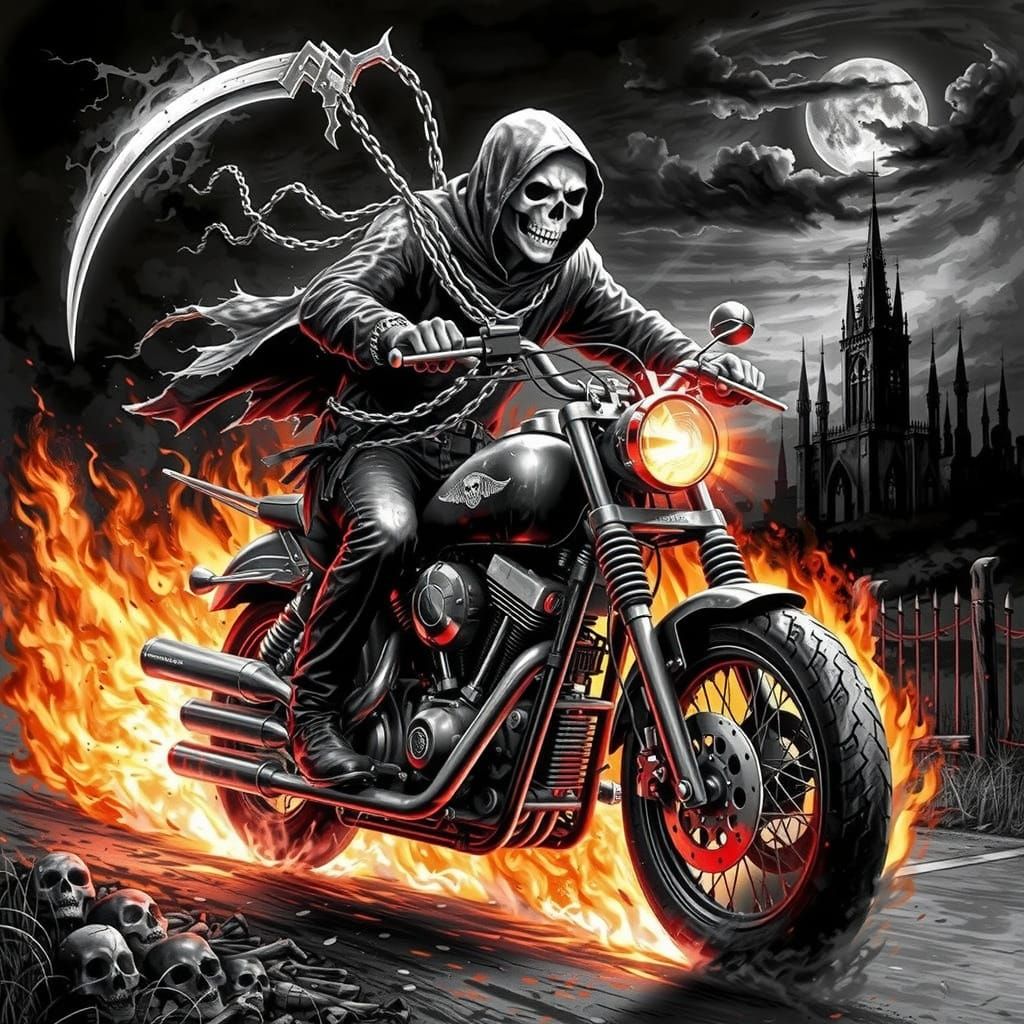 The grim reaper, writing a motorcycle, with his scythe on the back pointing skyward. The motorcycle is on fire