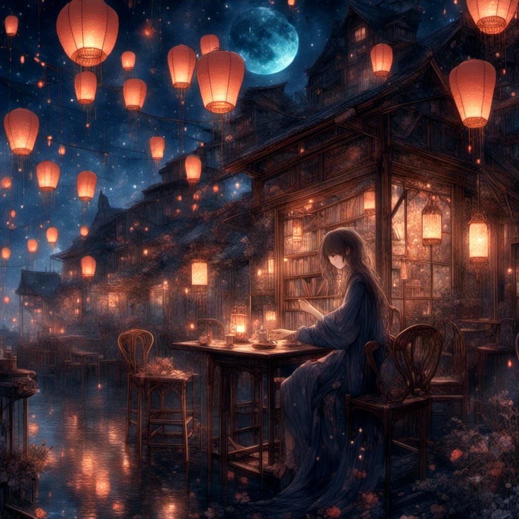 Enchanted Night Cafe with Floating Lanterns