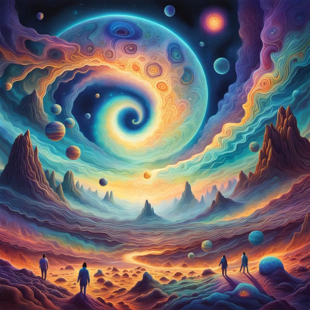 Cosmic Entities on Arid Planet in Mixed Media Style