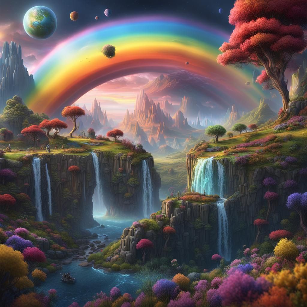 Rainbow Planet: A Fantastical Landscape in Detailed Painting