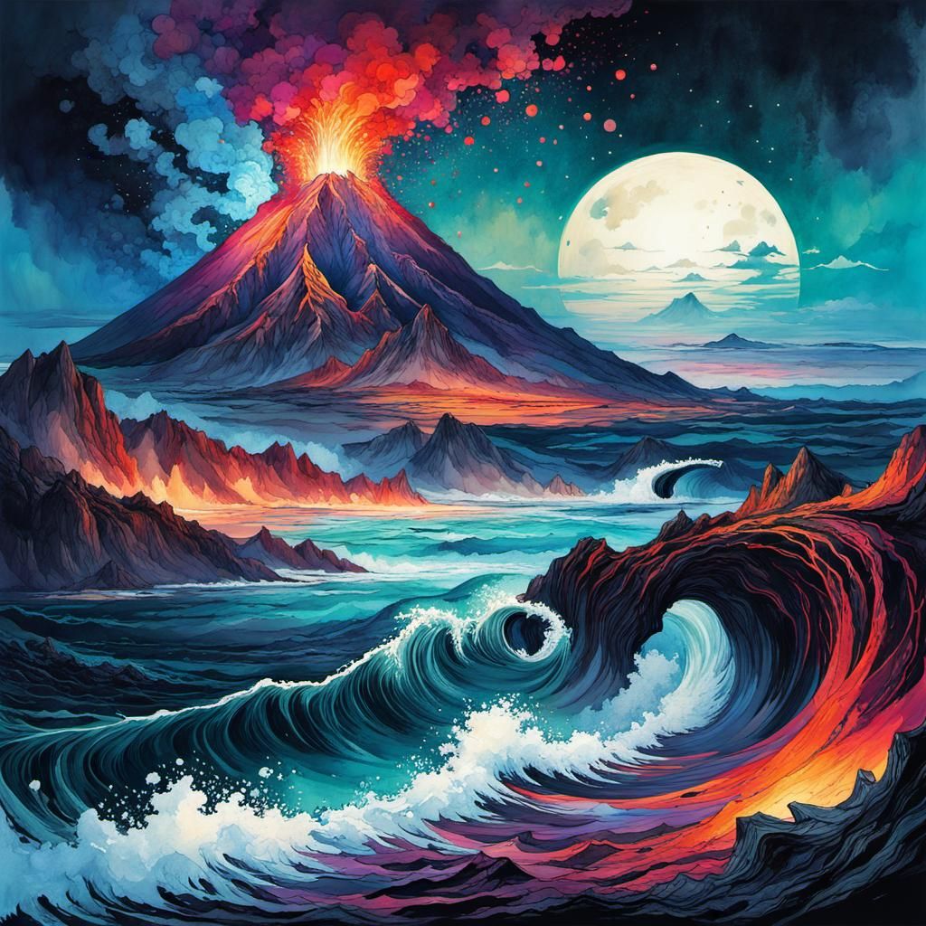 Epic Fantasy Volcano Eruption at Night