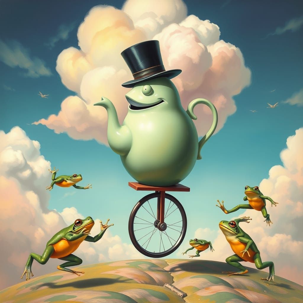 Surreal Melting Teapot Rides Unicycle in Dreamscape