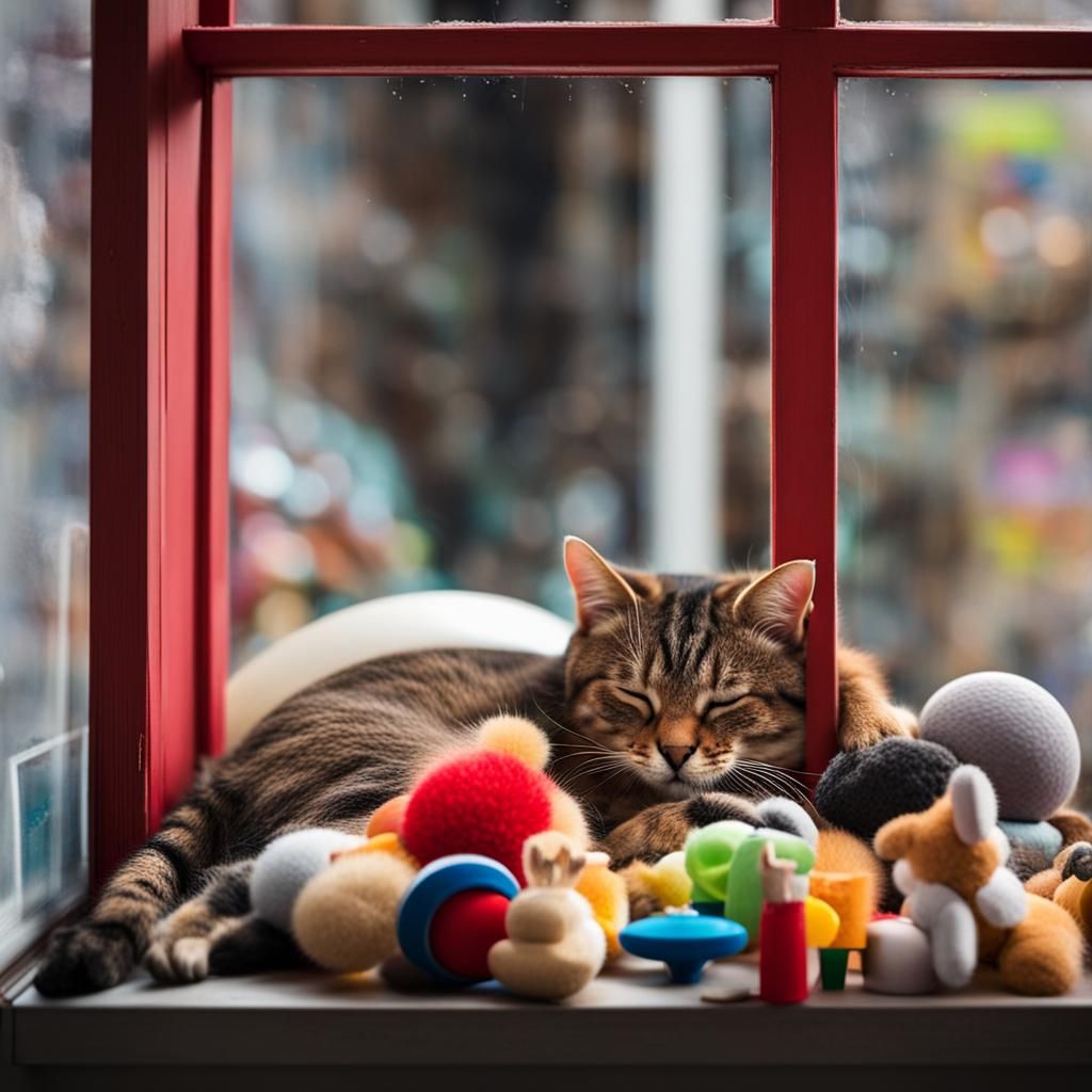 Cat Napping in Toy Store Window Display