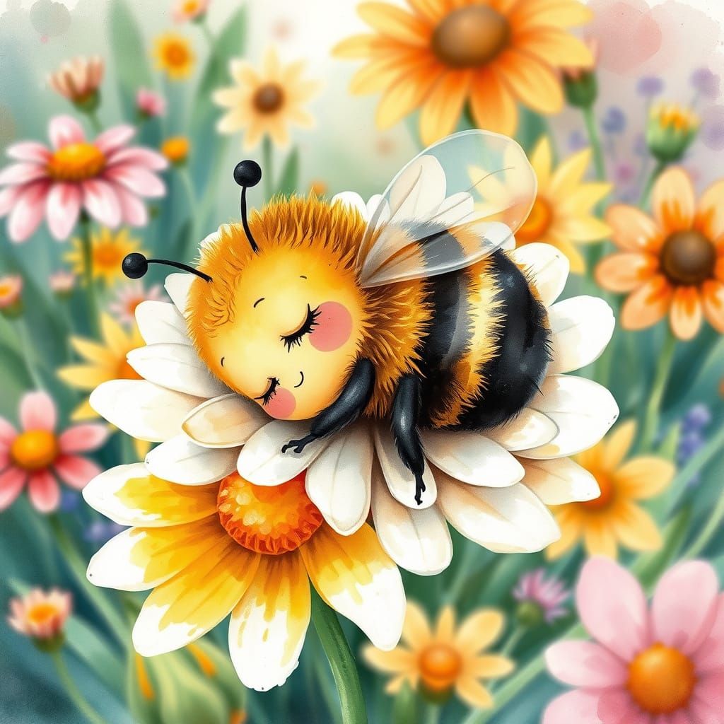 Watercolor Bumblebee Sleeping on Daisy in Garden