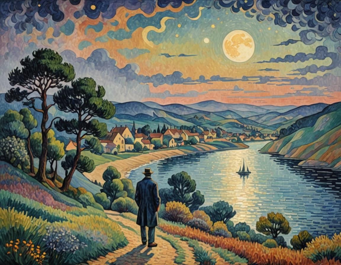 Man Gazing at Super Moon Landscape in Pointillism
