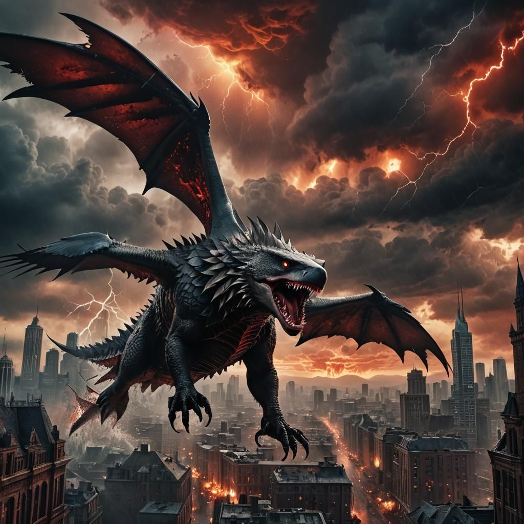 Shark-Eagle Hybrid Soars Over Gothic Cityscape
