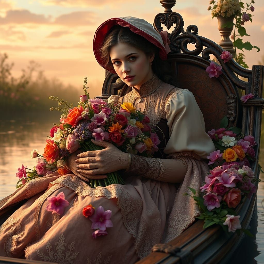 Pre-Raphaelite Flower Seller in Ornate Boat