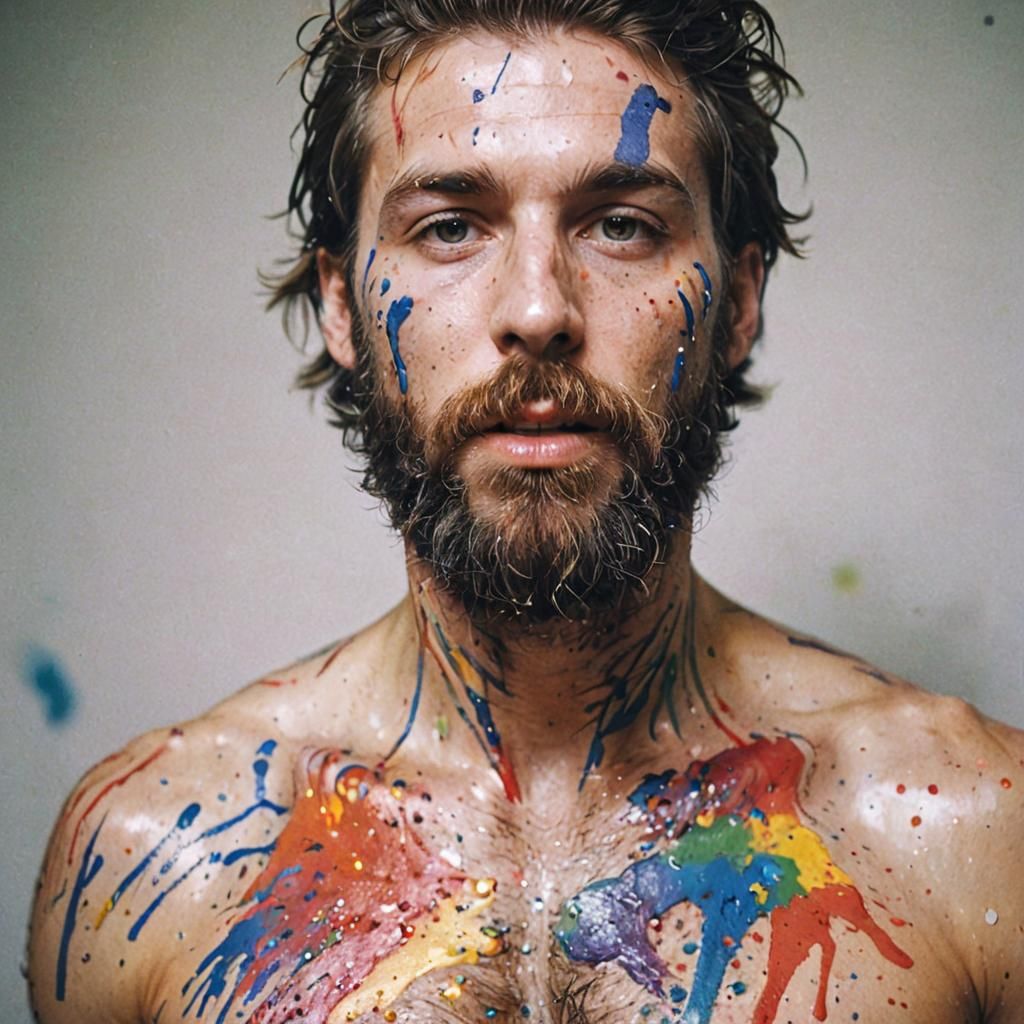 Overexposed Bearded Male Model with Body Painting