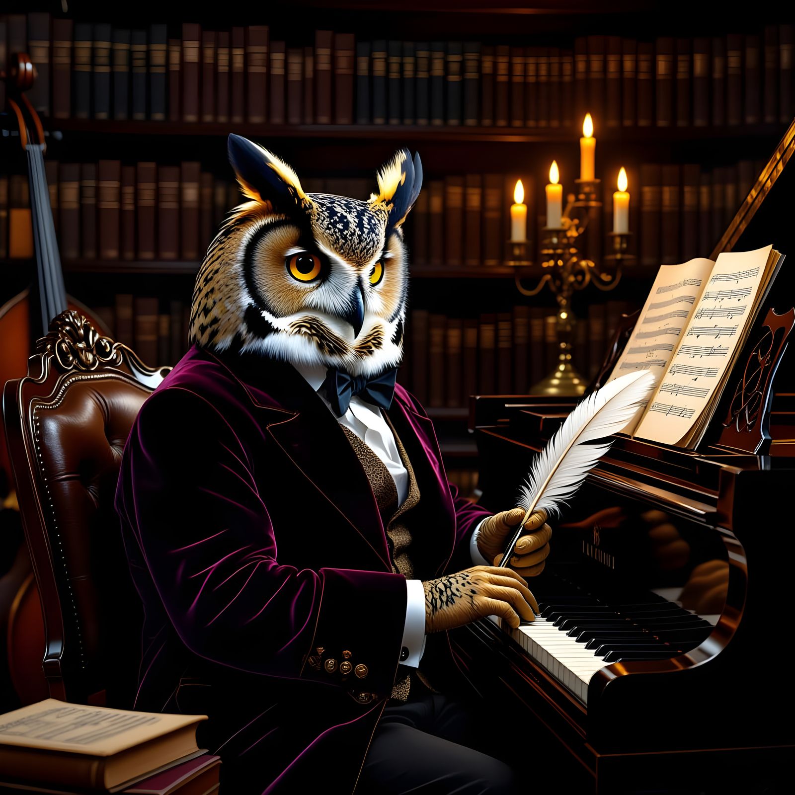 Anthropomorphic Owl Composing Music in Candlelit Study