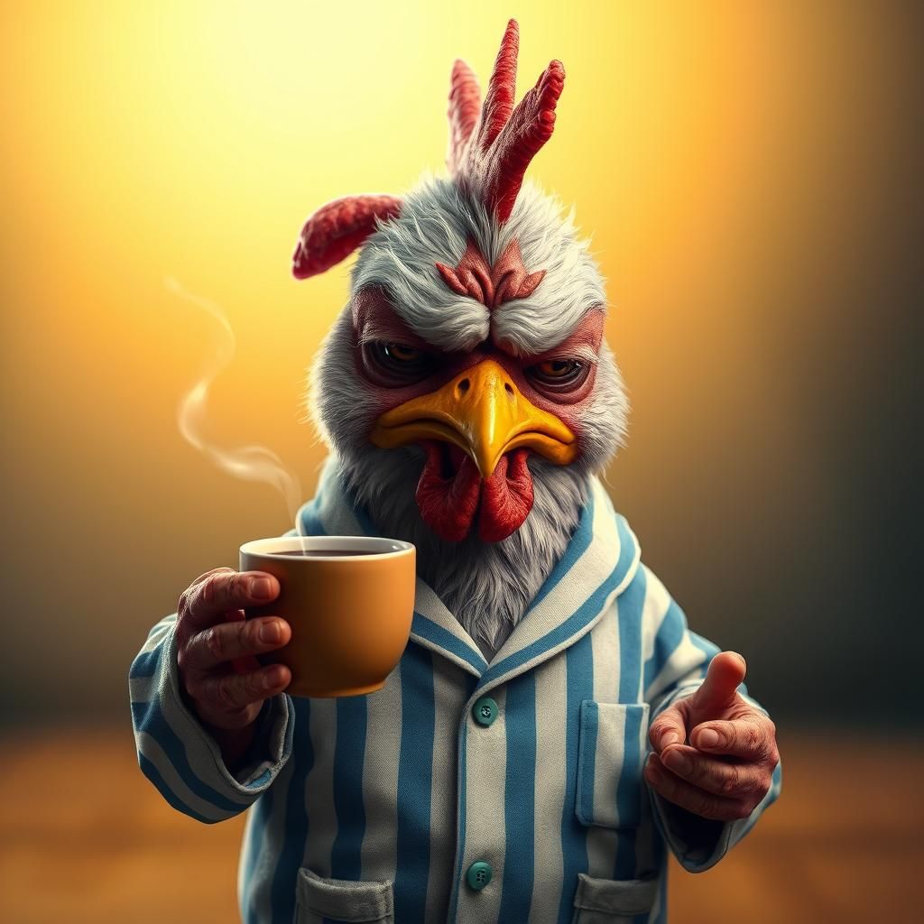 A grumpy, anthropomorphic chicken