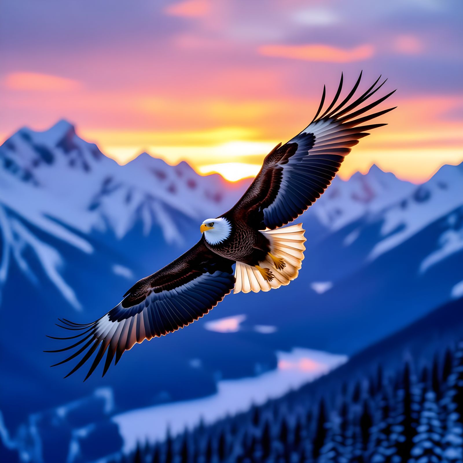 Bald Eagle Soaring Over Alaskan Wilderness at Sunset