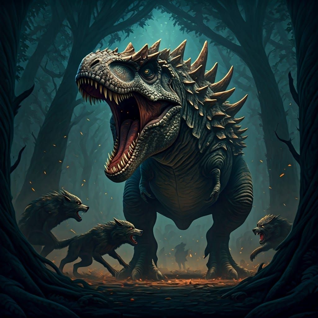 Armored T-Rex vs Werewolves in Mystical Forest