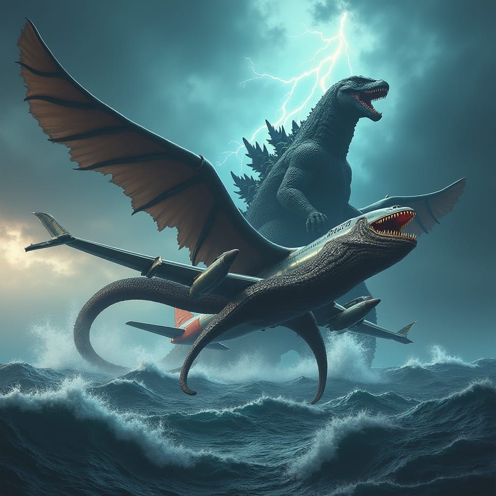 Kraken and Megalodon Aerial Battle with Godzilla