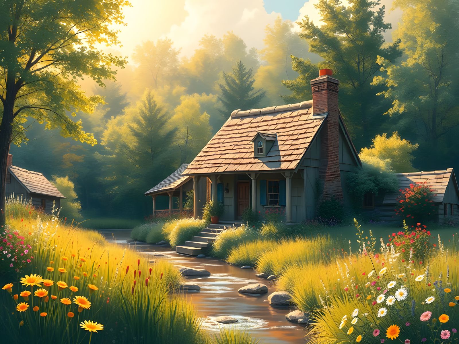 Idyllic Cottage Scene in Whimsical Oil Painting Style