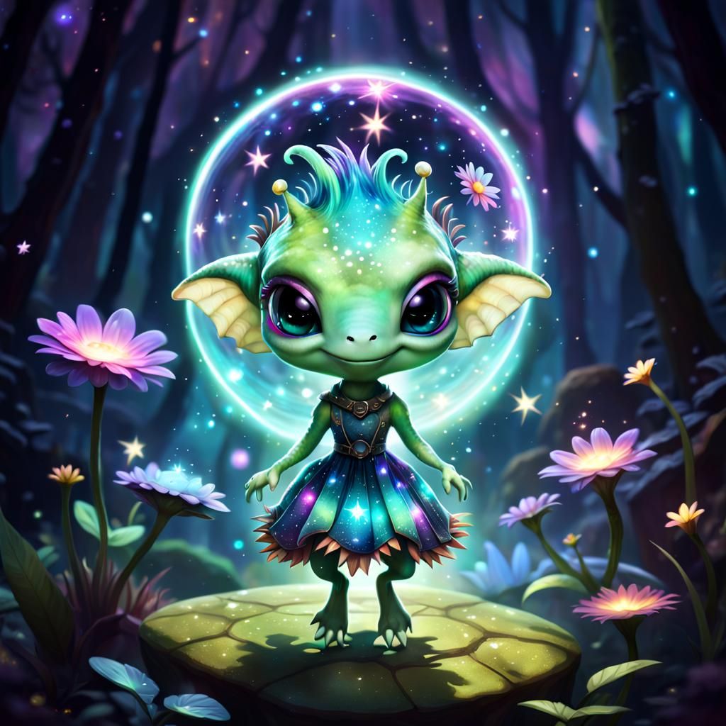 Adorable Alien Dancing in Magical Landscape