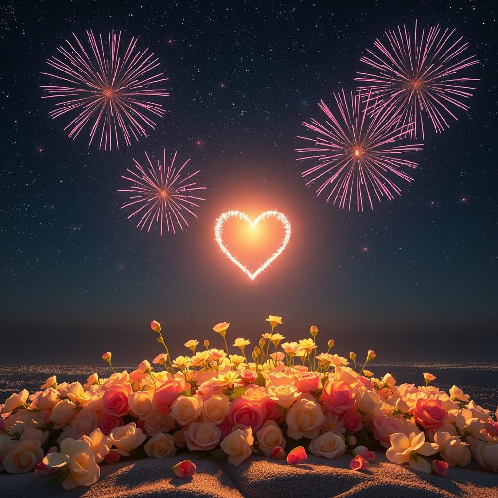 Surreal Beach Scene with Radiant Heart and Delicate Blooms U...