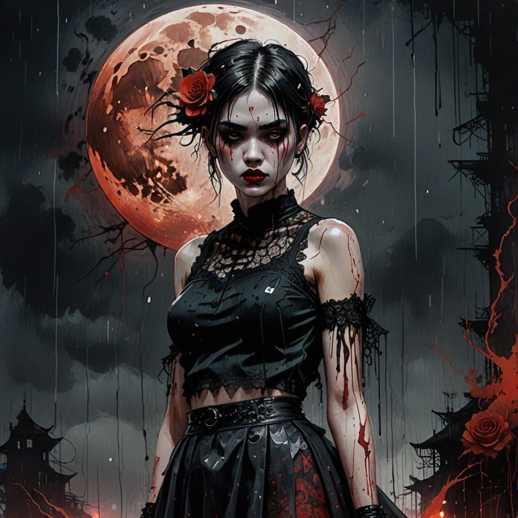 Goth Girl Under a Blood Moonlit Night