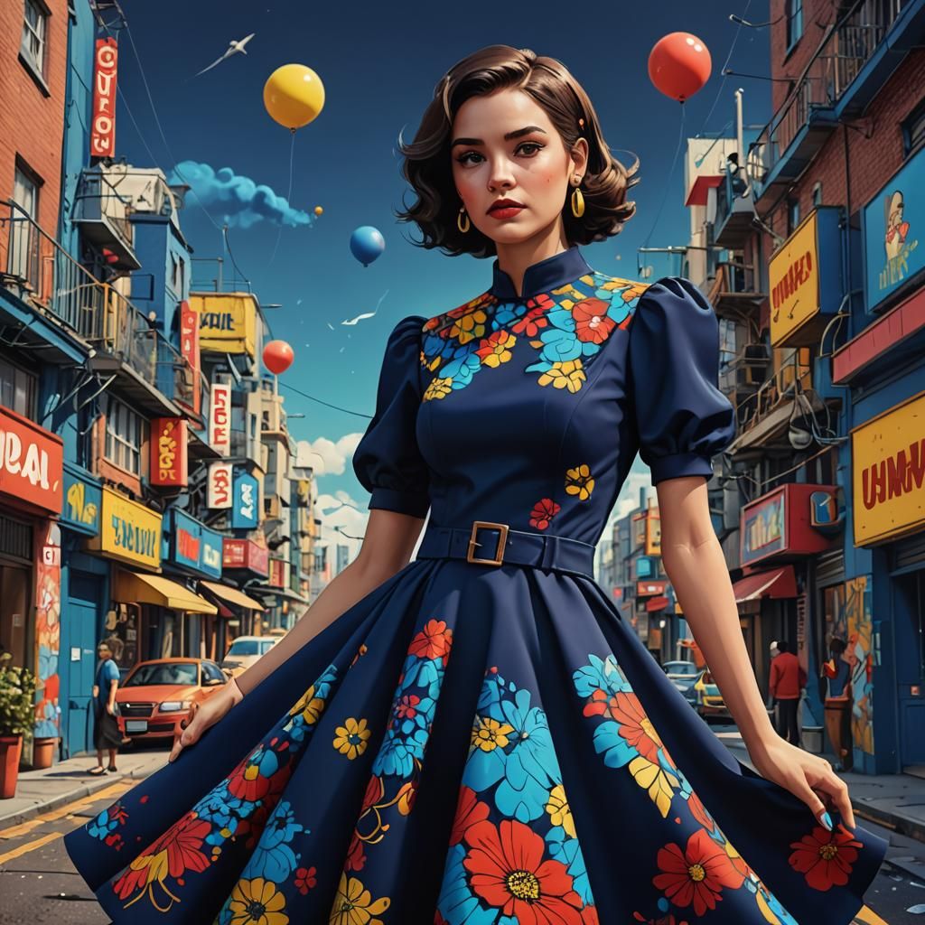 Navy dress, pop art style