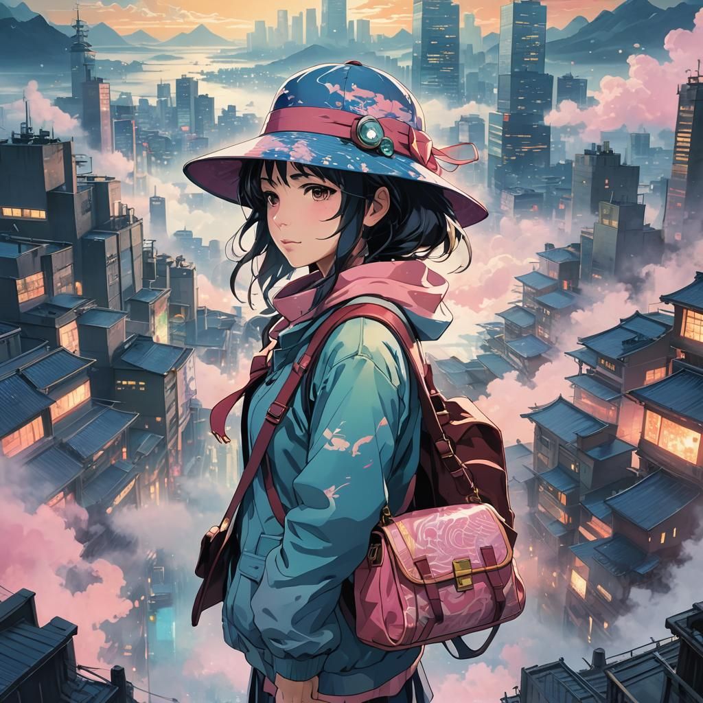 Kagura Woman in Anime Style Cityscape