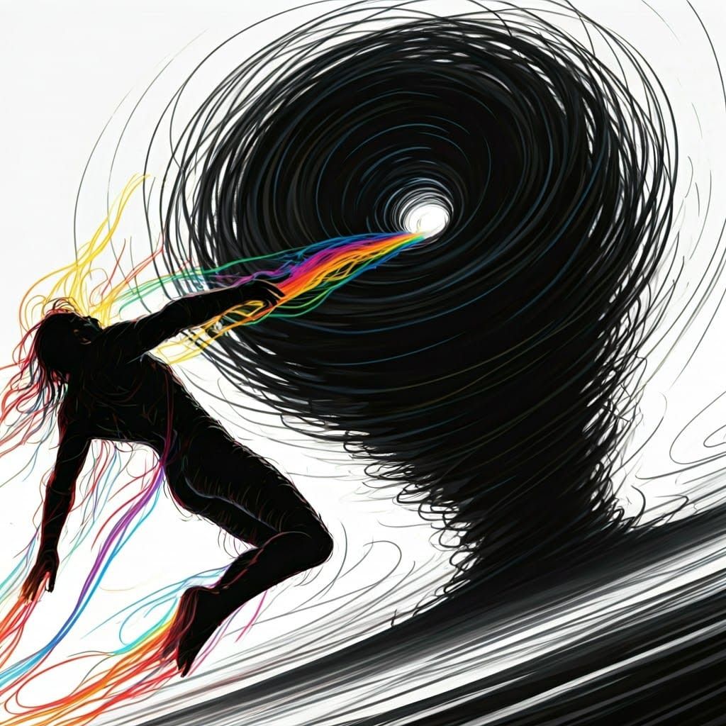 Humanoid Swept into Maelstrom in Vibrant Scribble Style