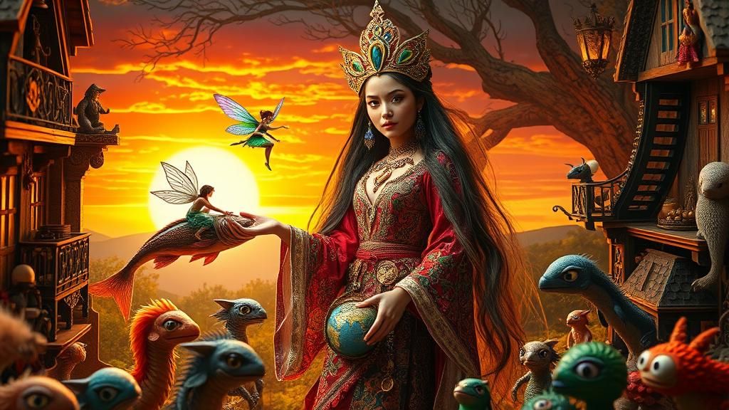 Surreal Dervish in Dollhouse with Mythical Creatures