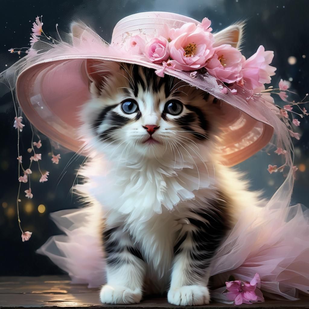 Cute Kitten Portrait in Tulle and Flowers