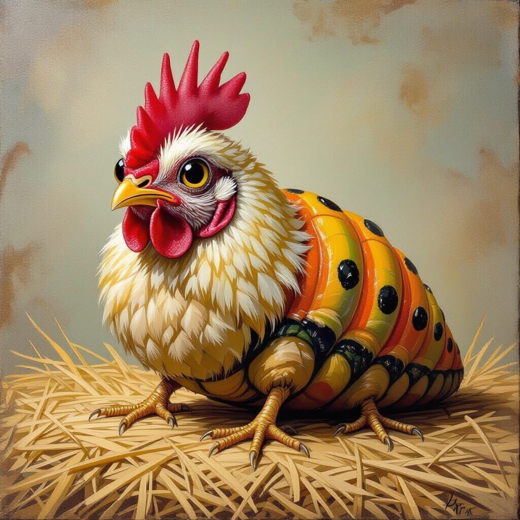 Surrealist Oil Painting of Hen-Caterpillar Creature