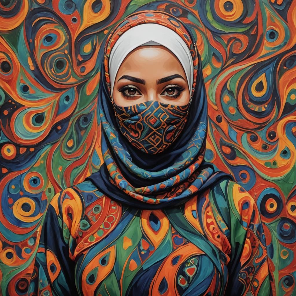 Expressionist Portrait of Woman in Hijab with Mask