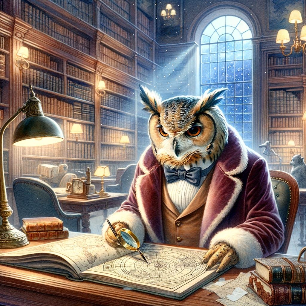 Wise Owl Studying Celestial Chart, Watercolor Illustration
