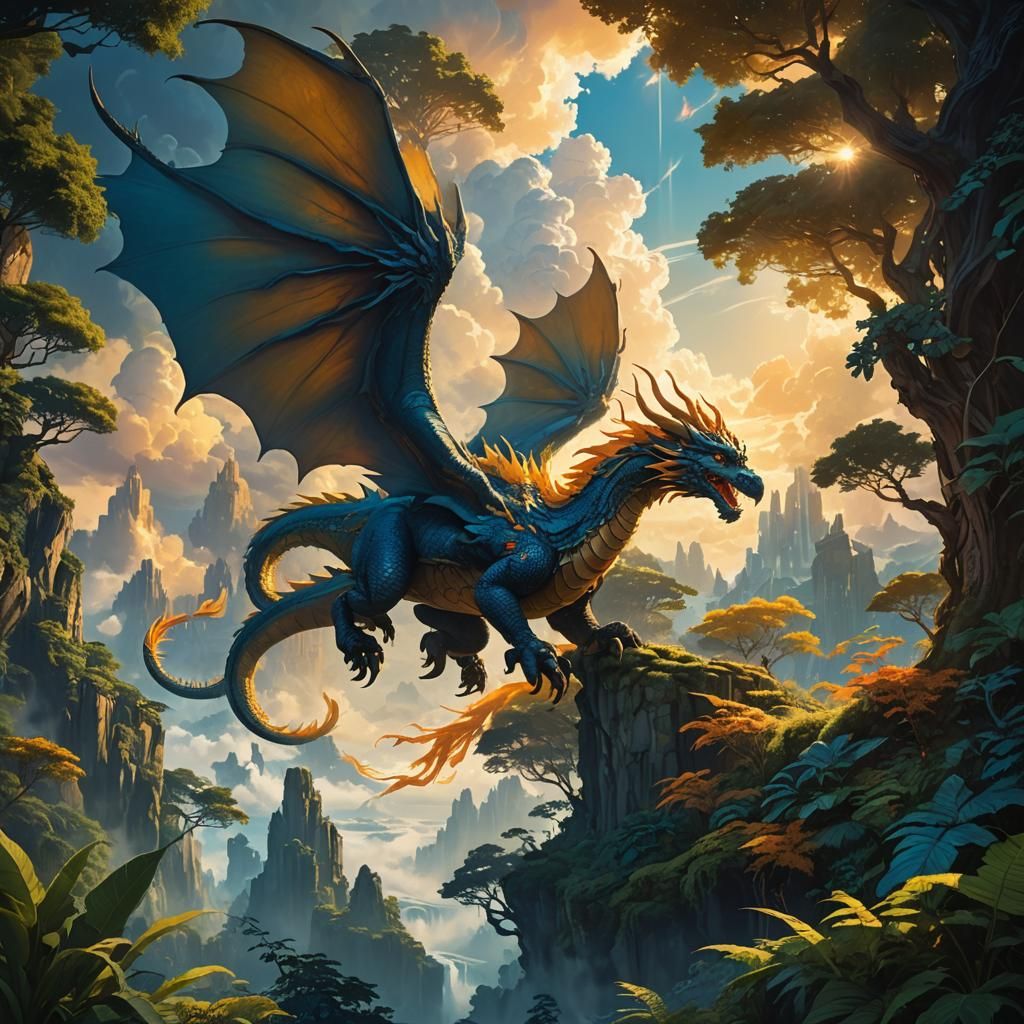 Dragon and Phoenix Soaring in Mystical Realm