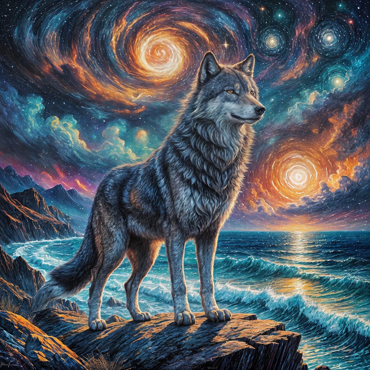 Cosmic Wolf on Cliff Overlooking Starlit Ocean