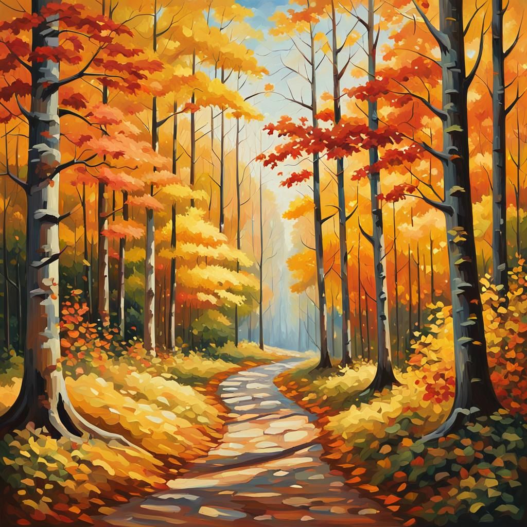 Autumn Forest Path in Impressionist Oil Painting