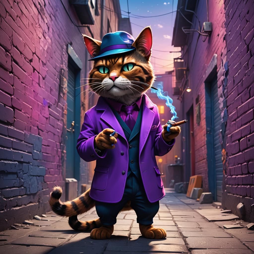 Cartoon Thug Cat Smoking Cigar in Alleyway