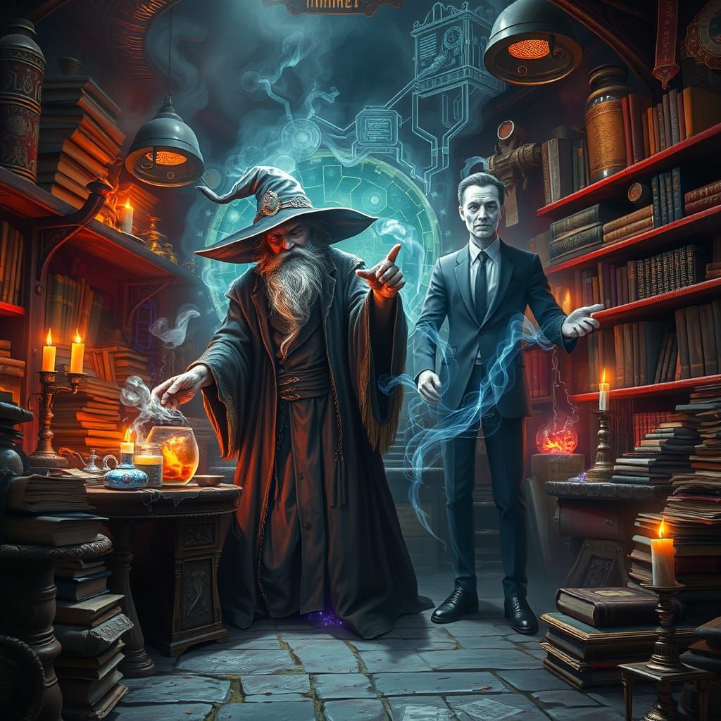 Mystical Wizard and Ghostly Programmer in a Dreamlike Labora...