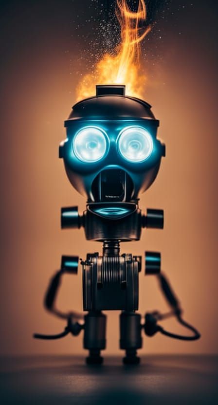Shocked Robot Portrait with Fiery Explosion