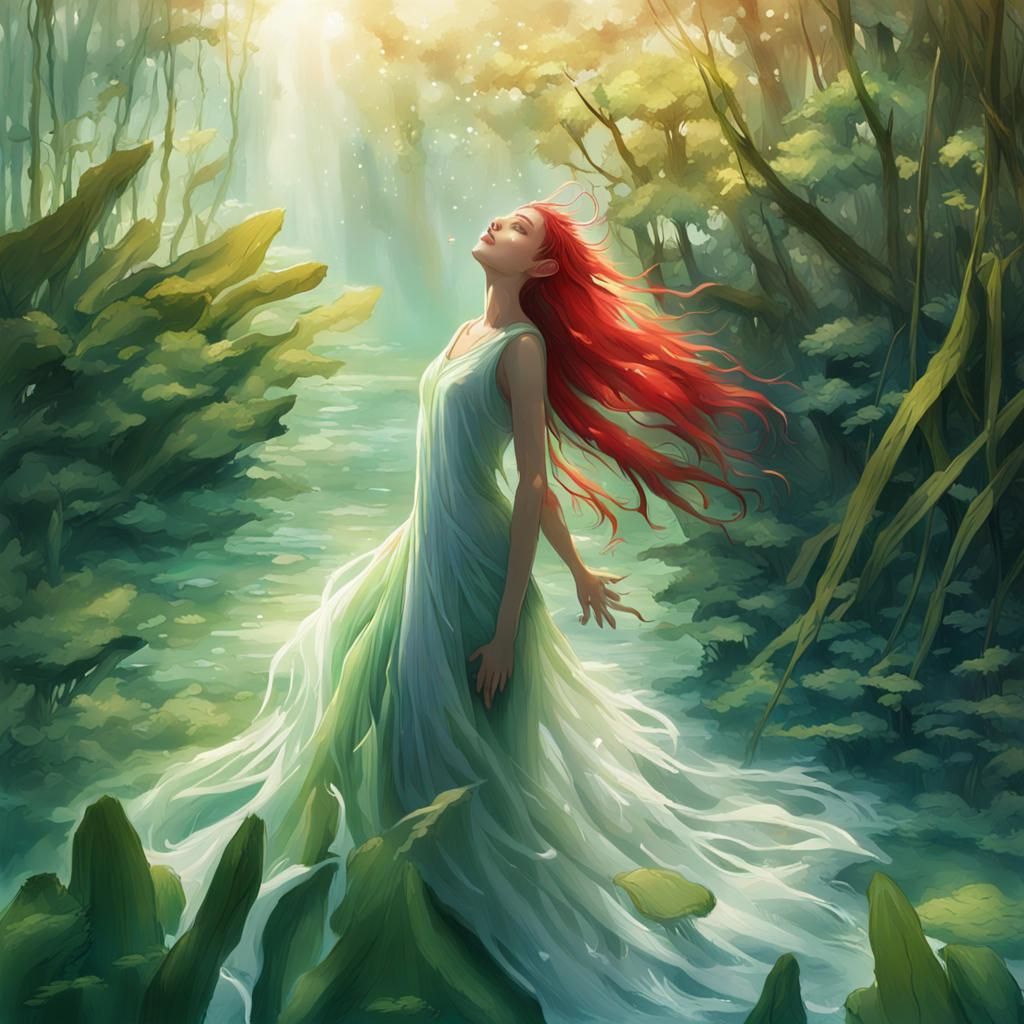 Ethereal Girl Rising from Lagoon at Sunrise