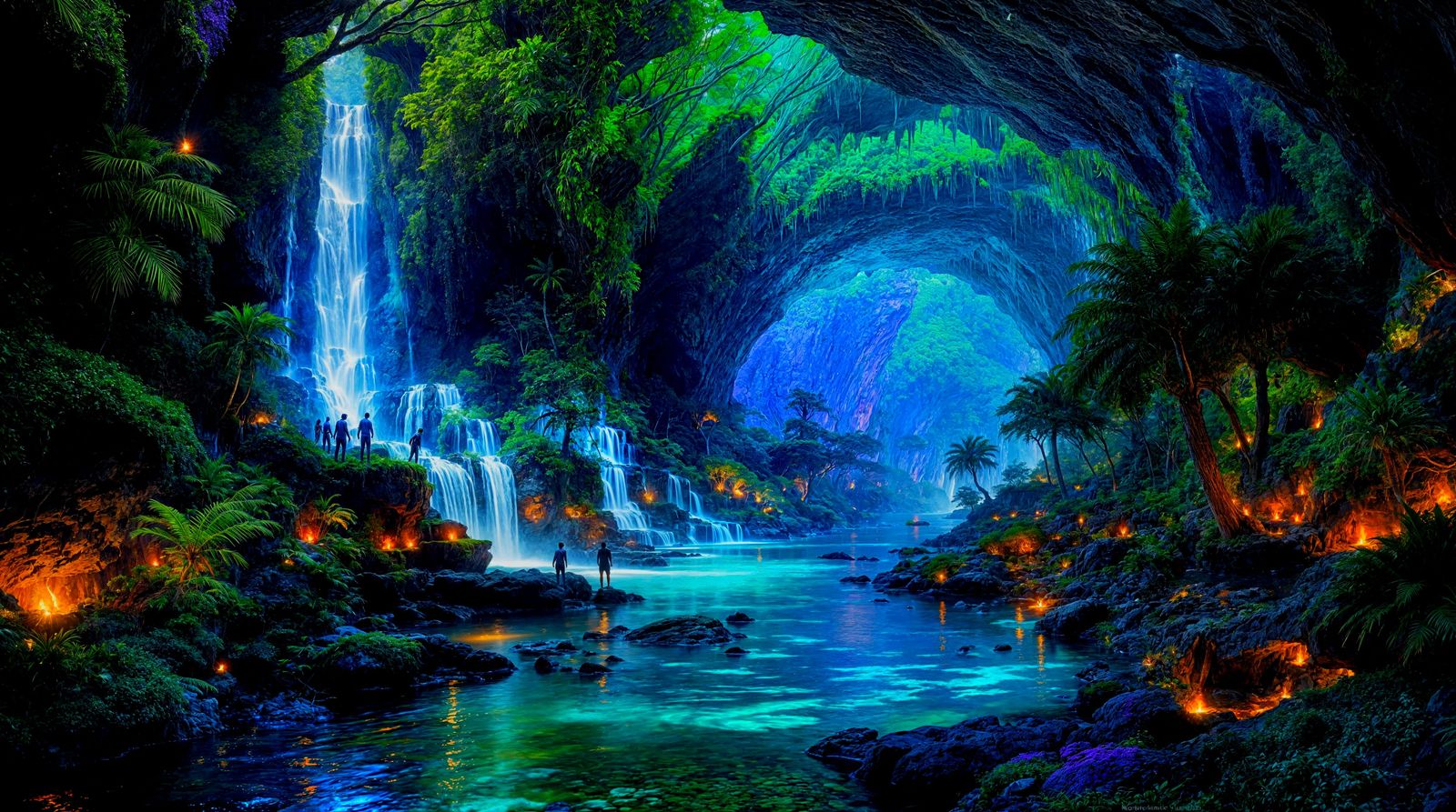 Cyberpunk Cavern Scene with Glowing Waterfalls and Fiery Riv...