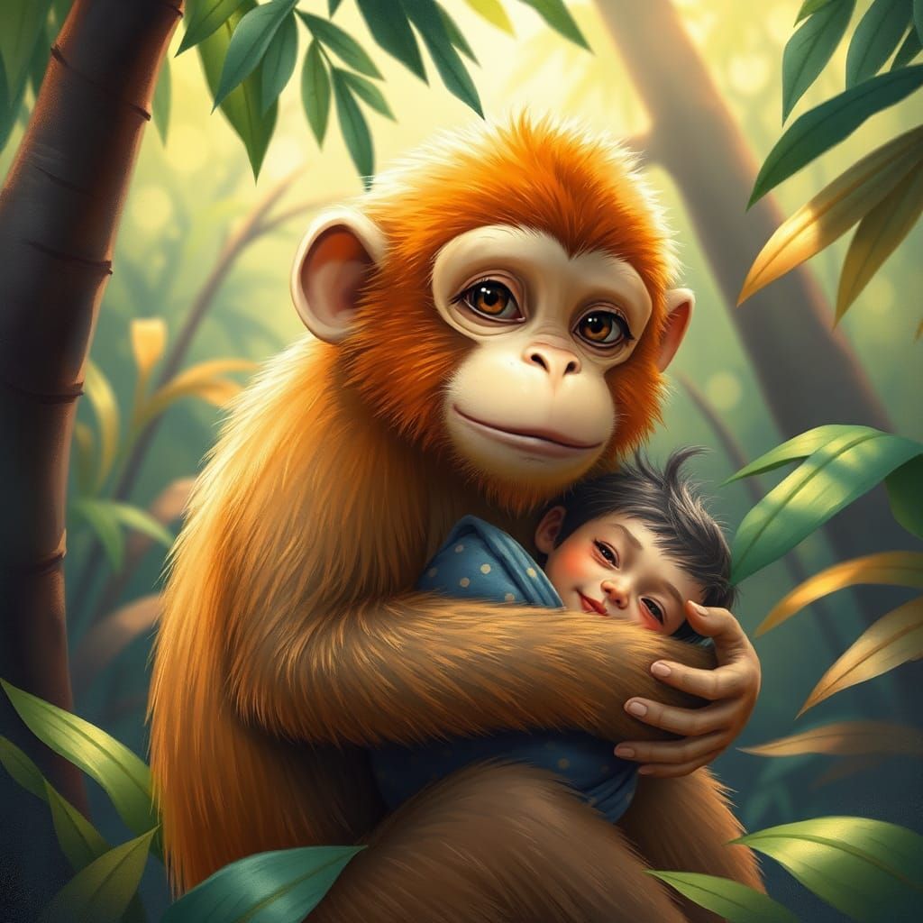 Gentle Monkey with Baby in Lush Jungle